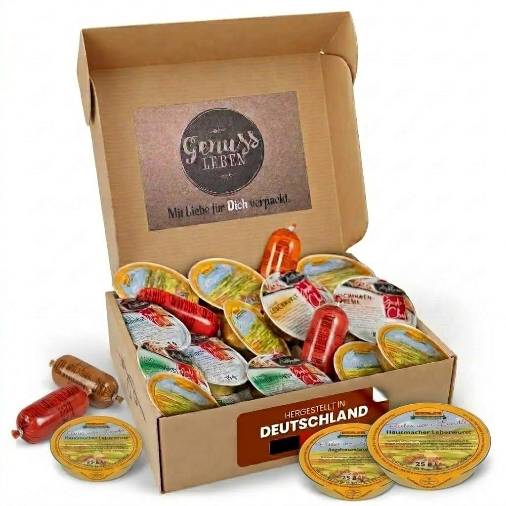 Geöffnete Genussleben Frühstücksbox mit einzeln verpackten Mini-Wurst-Portionen