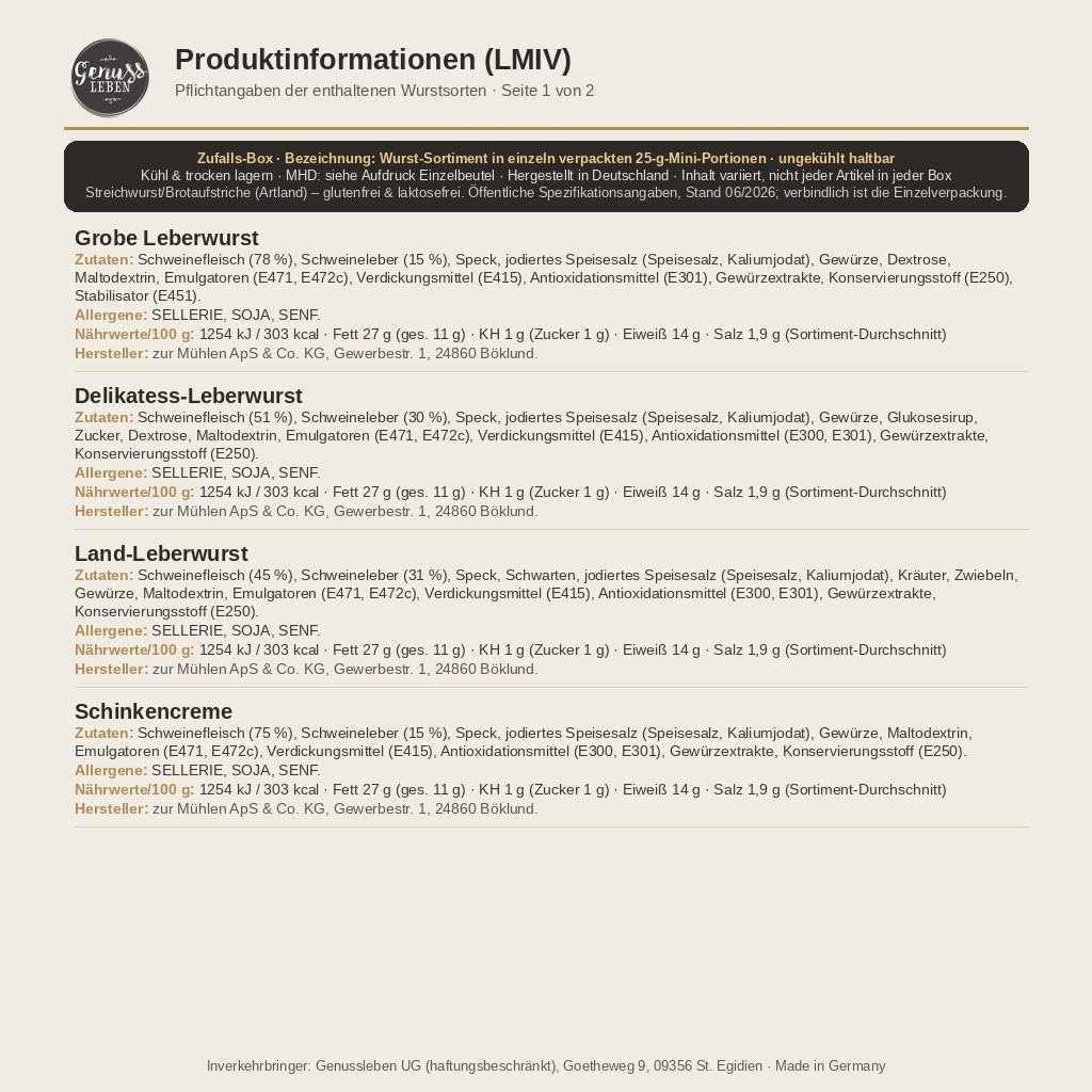 LMIV-Produktinformationen mit Zutaten, Allergenen und sortenspezifischen Nährwerten, Seite 1