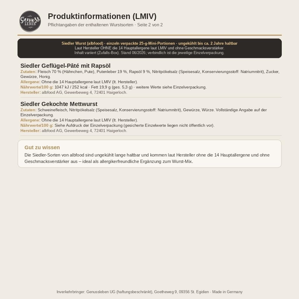 LMIV-Produktinformationen für Siedler Mini-Wurst mit Zutaten, Lagerung und Herstellerangaben, Seite 2